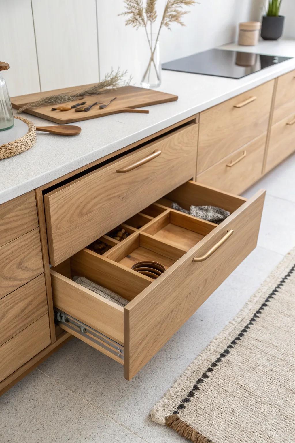 Hidden toe-kick drawer storage: the micro-kitchen trick that makes baking sheets disappear.