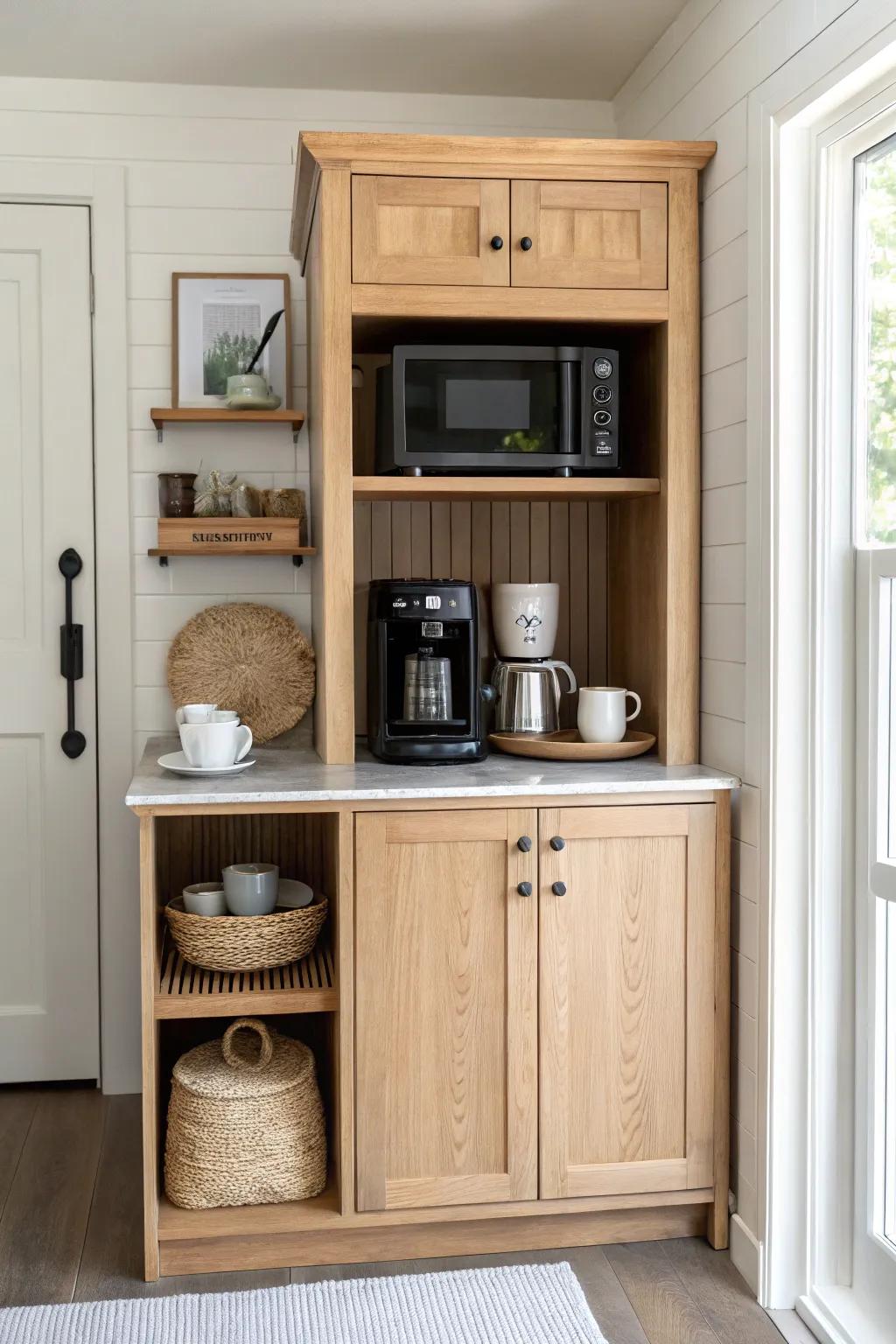 A tidy coffee bar cabinet that hides the microwave—small-space mornings made effortless.