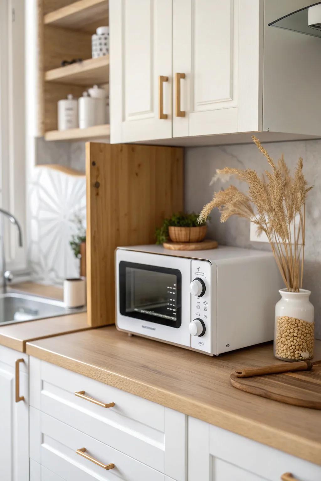 Make the deep corner work—an angled shelf turns your microwave into a sleek space-saver.