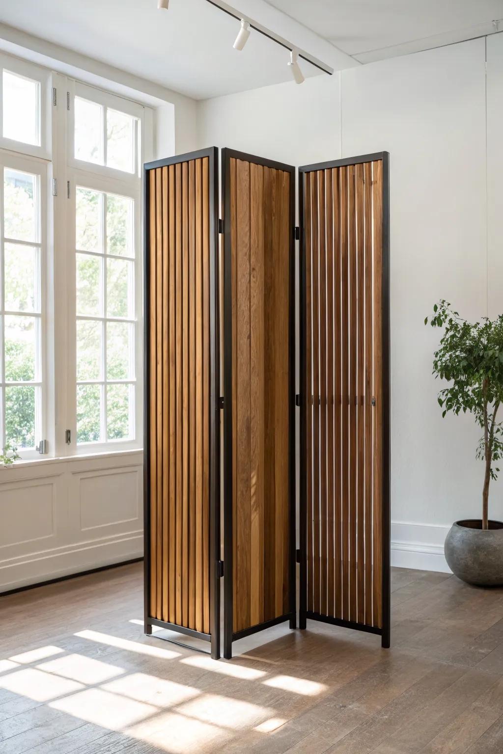 Dial in privacy and light with a mid‑century rotating slat divider—sleek, warm, space-savvy.
