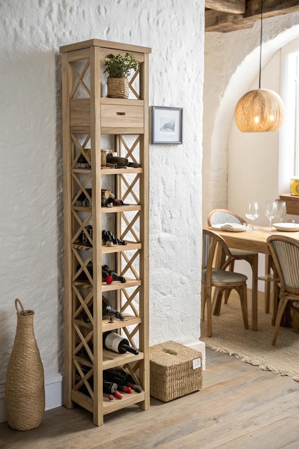 Slim vertical wine tower: small footprint, big storage—minimalist oak with a soft boho touch.