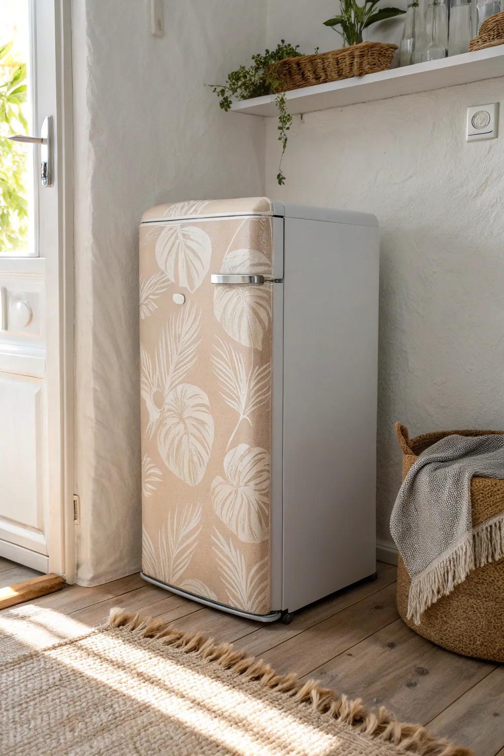 A removable wrap turns a mismatched mini fridge into a chic, decor-matching style moment.