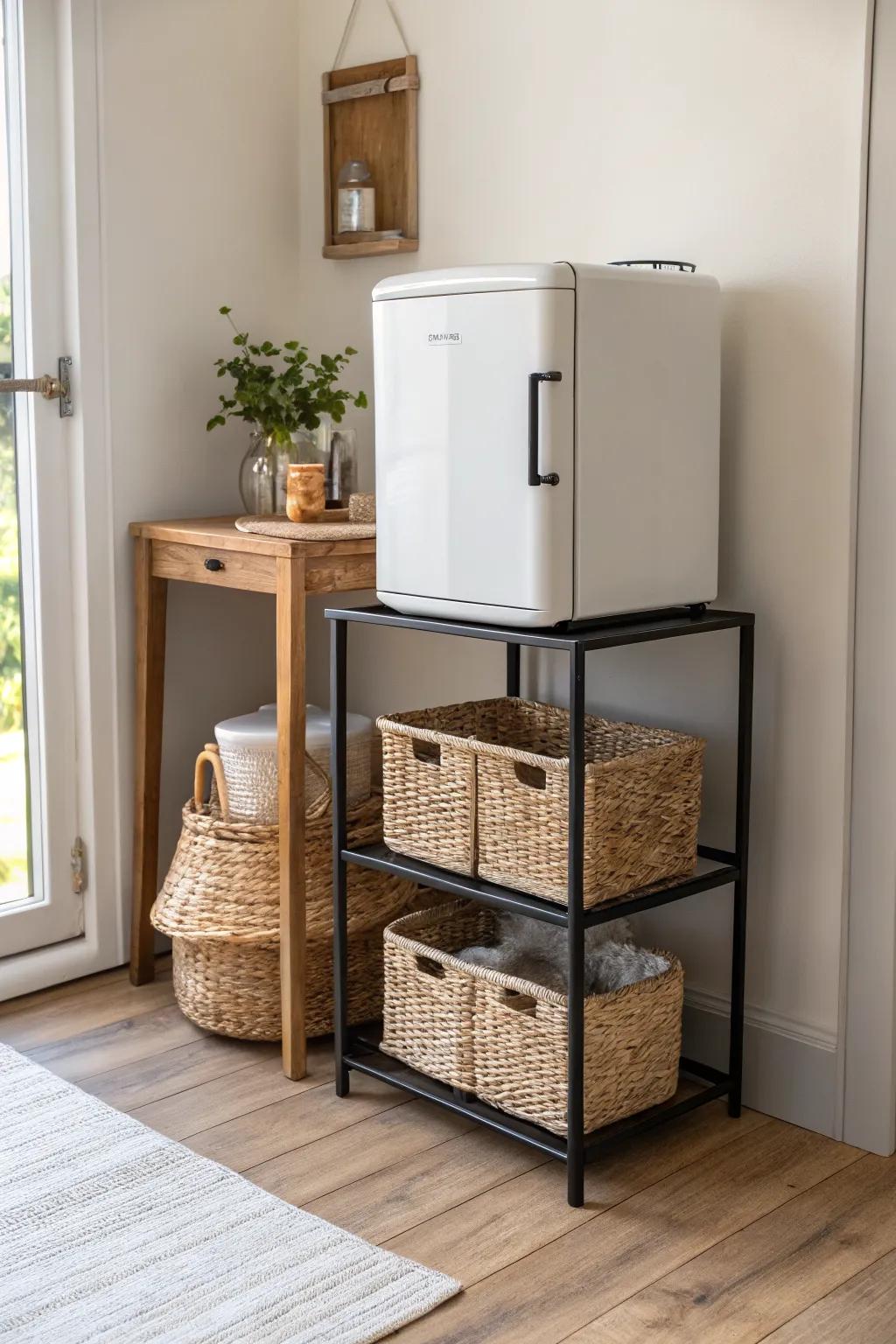 Open-frame mini fridge stand with woven baskets—light, sturdy, and perfect for studio storage.