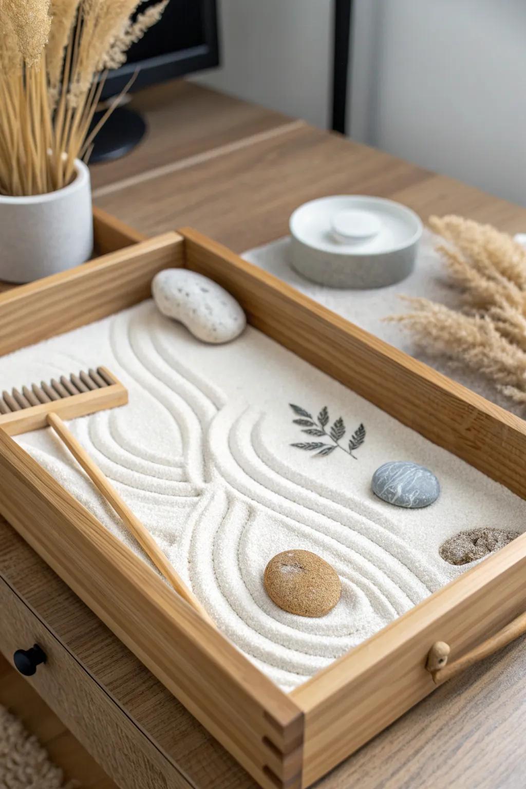 A calming mini zen garden tucked inside a desk drawer—your hidden two‑minute reset.