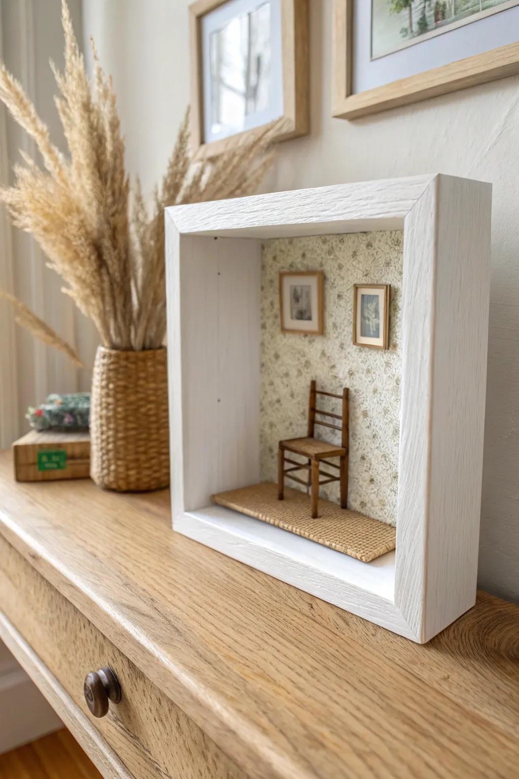 A picture-frame shadowbox turned mini room—simple flooring, wallpaper, and one tiny chair.