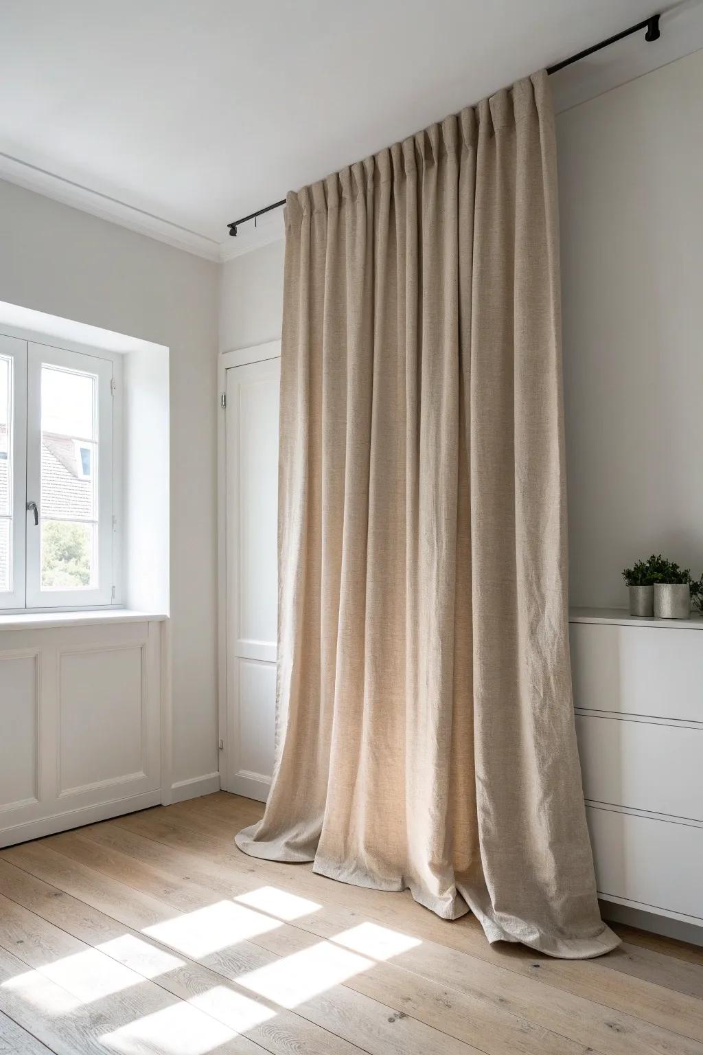 Ceiling-height linen curtains hide storage and add a calm, hotel-like minimalist look.