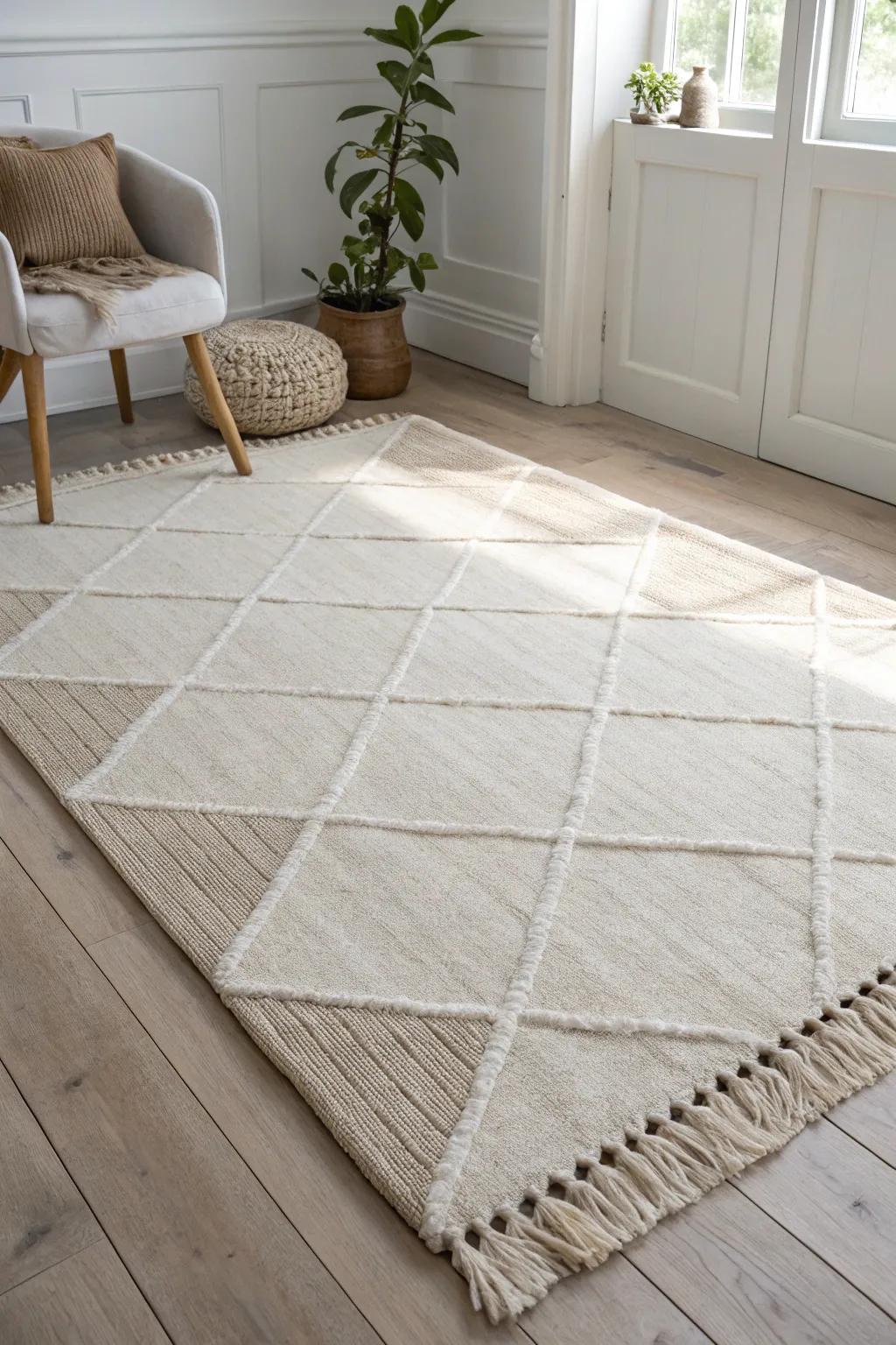 Go bigger: a quiet, oversized rug that unifies a small room and feels instantly calm.