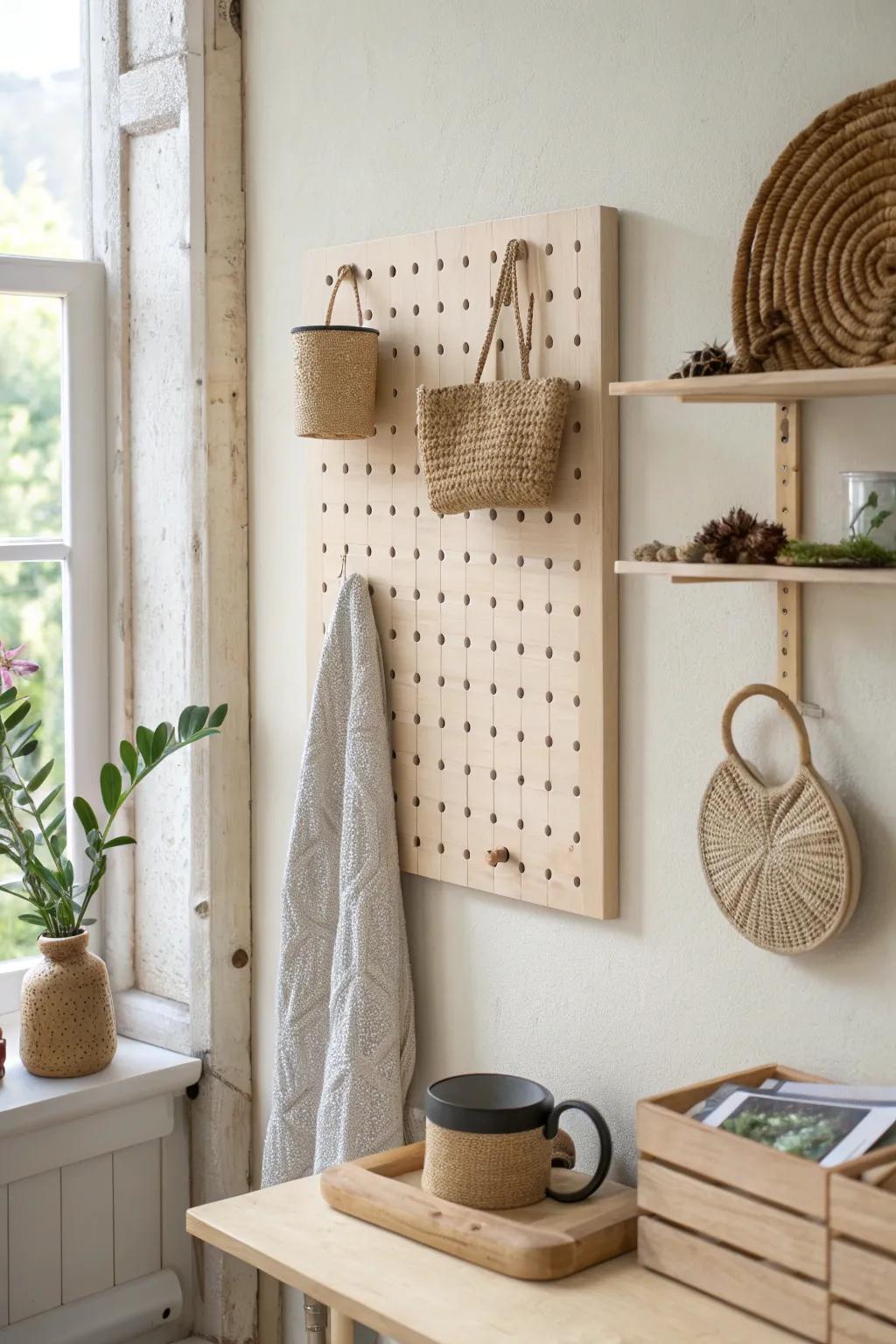 A minimalist pegboard keeps essentials off your desk—flexible, airy storage for small spaces.