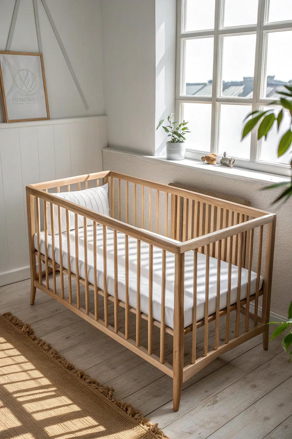 A bare oak crib with a crisp white fitted sheet—minimal, calm, and perfect for small spaces.