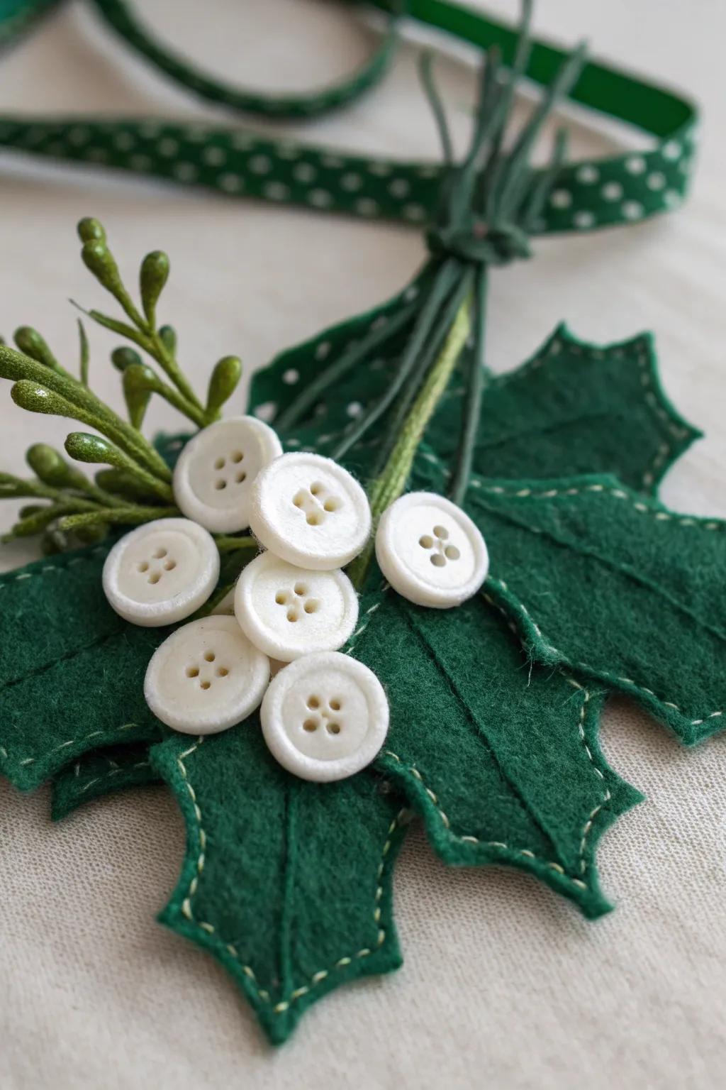 A touch of vintage elegance: Upcycled mistletoe charm with buttons and green fabric.