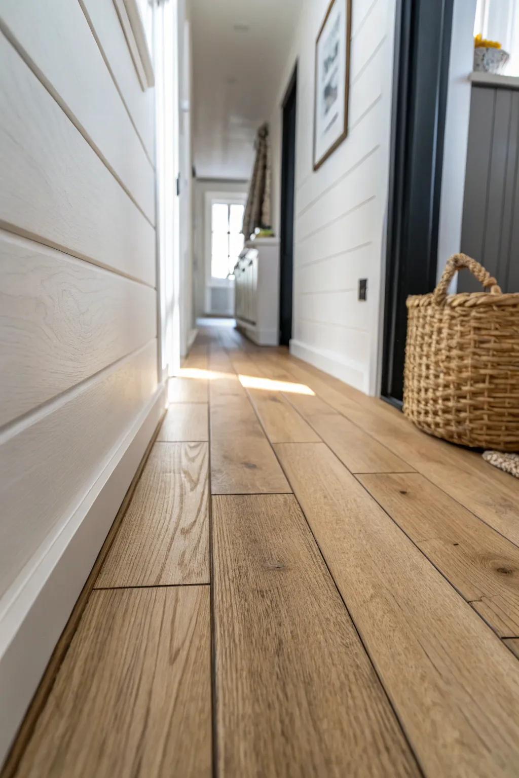 Lay planks on a soft diagonal to make a narrow mobile home hallway feel wider instantly.