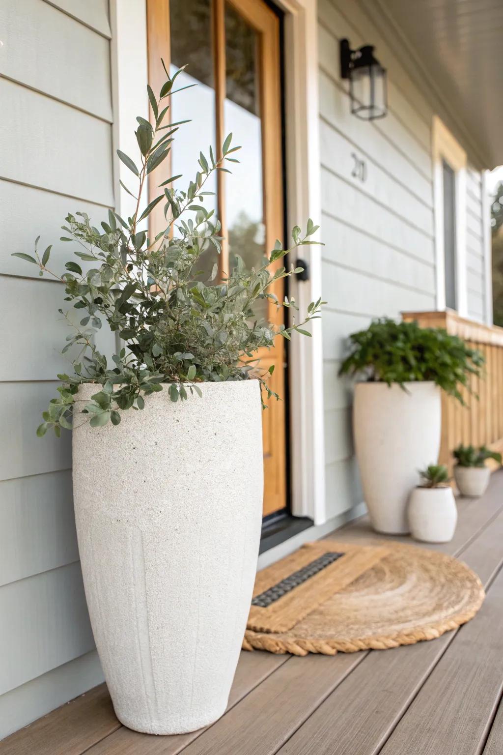 A tall matching planter adds instant symmetry—softening a mobile home front door beautifully.