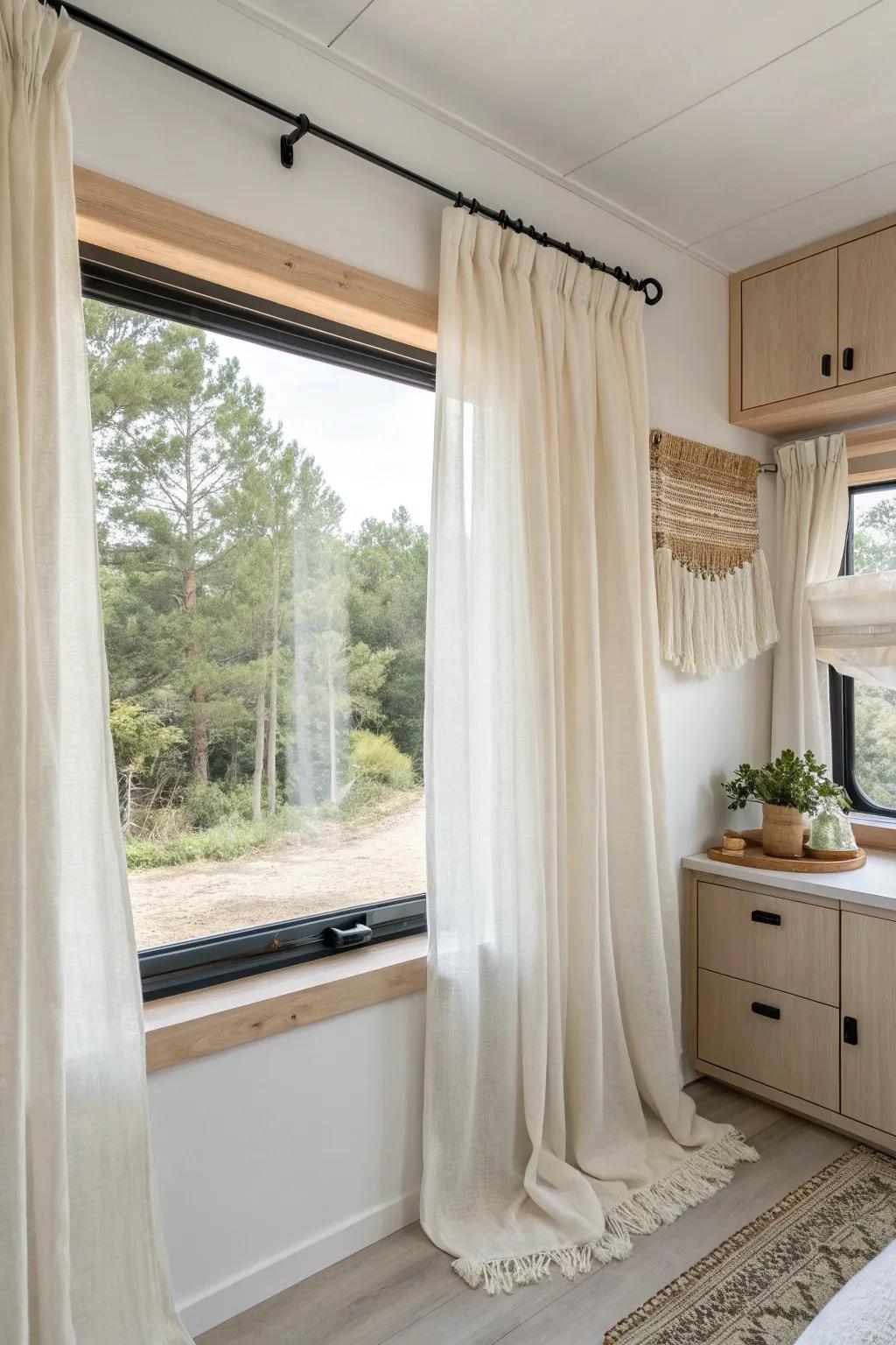 Hang curtains high and wide to make mobile home windows look taller and rooms feel bigger.