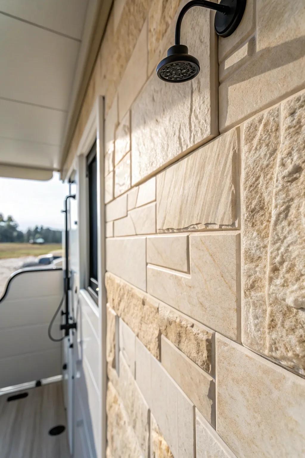 Instant spa upgrade: faux-stone shower panels deliver a custom look in a small master bath.