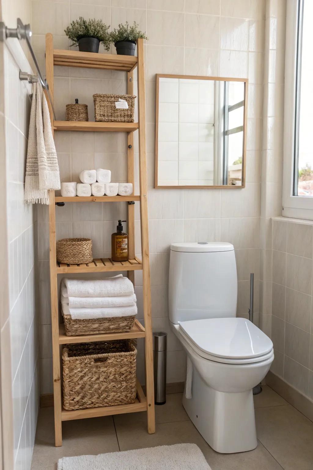 Elevate tiny bathrooms with a slim over-toilet shelf—everyday essentials below, extras in bins.