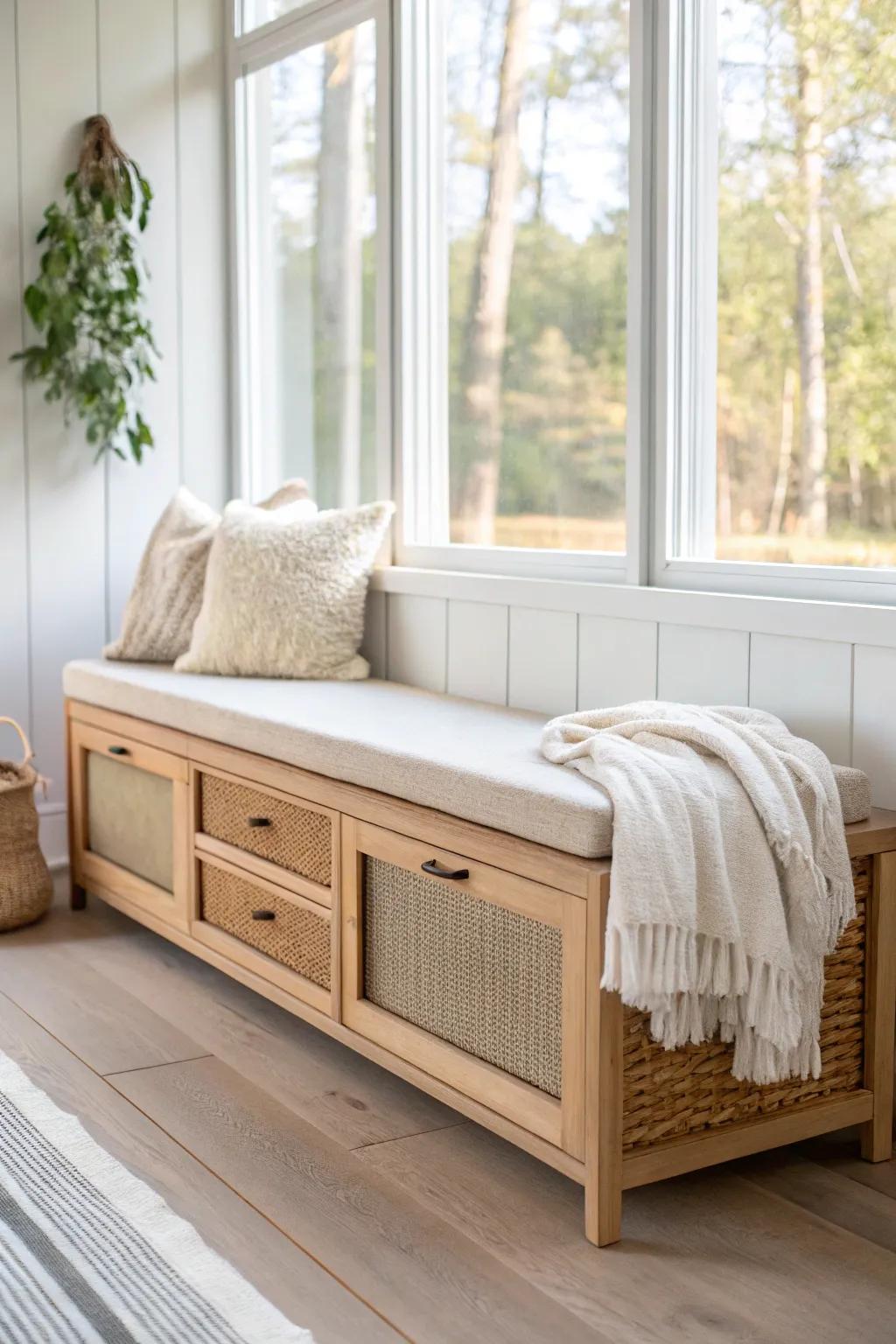A sleek storage bench by the windows—extra seating with hidden space for pillows and throws.