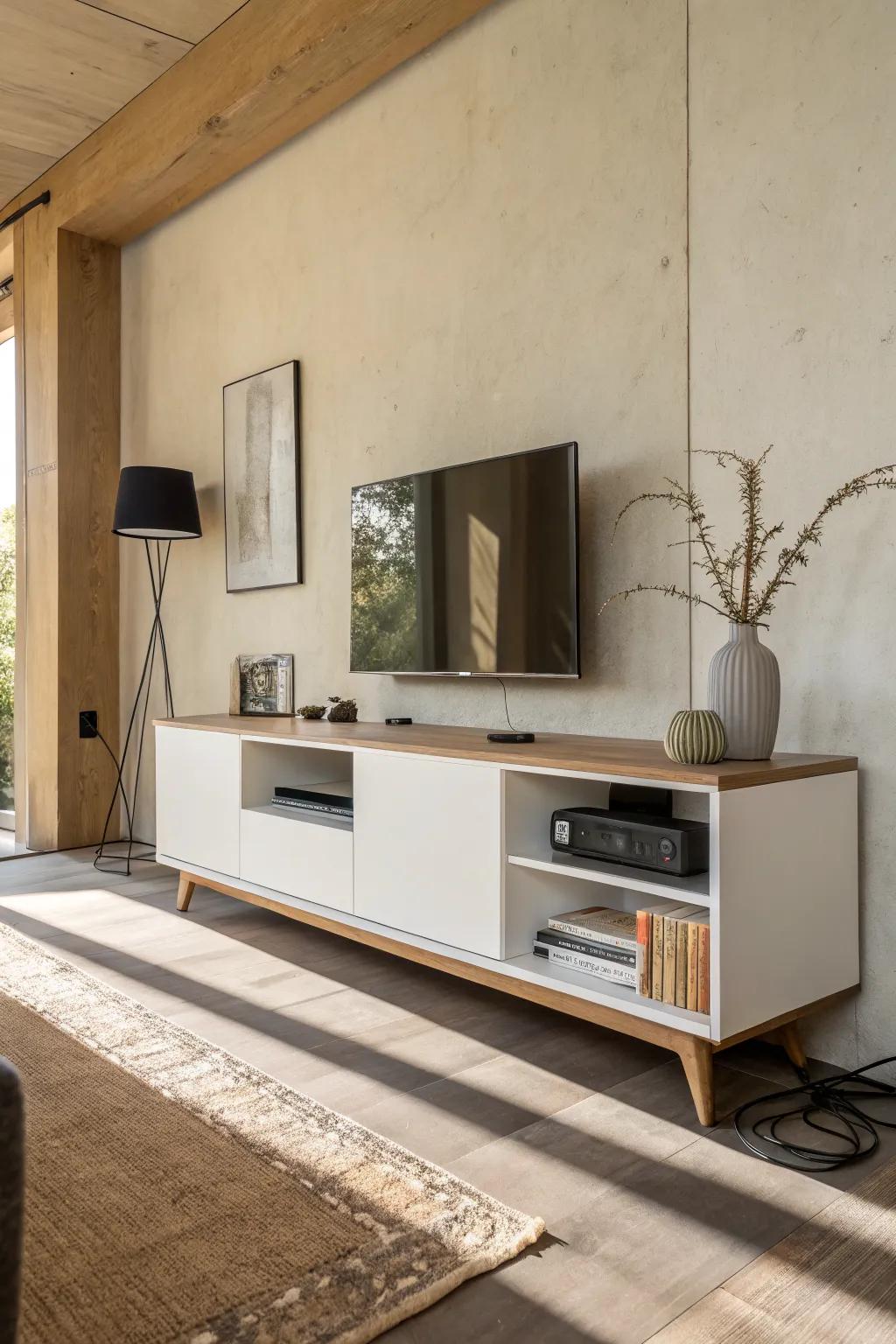 A floating low-profile media console that hides every cable for a clean, modern media wall.