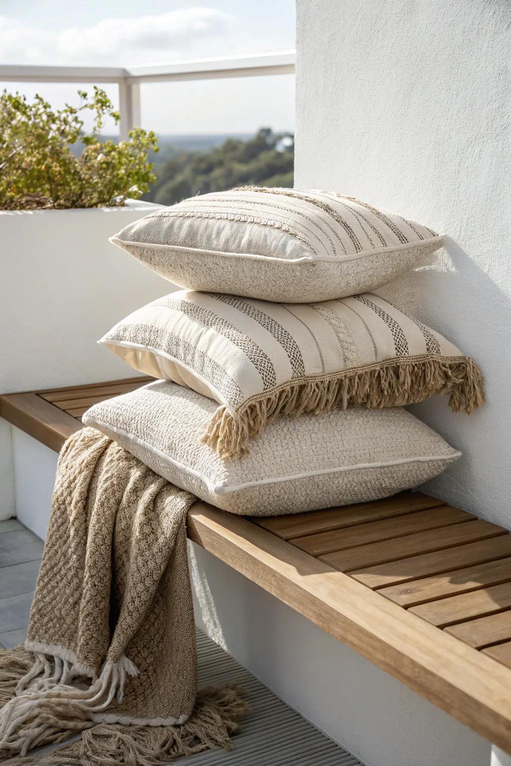 Texture over clutter: neutral outdoor pillows and a chunky throw for a cozy modern balcony.