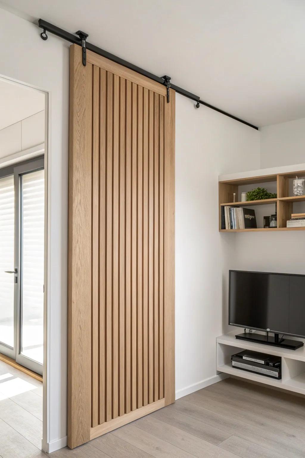 Light oak sliding panel conceals the office in seconds—minimal, warm, and beautifully clean.