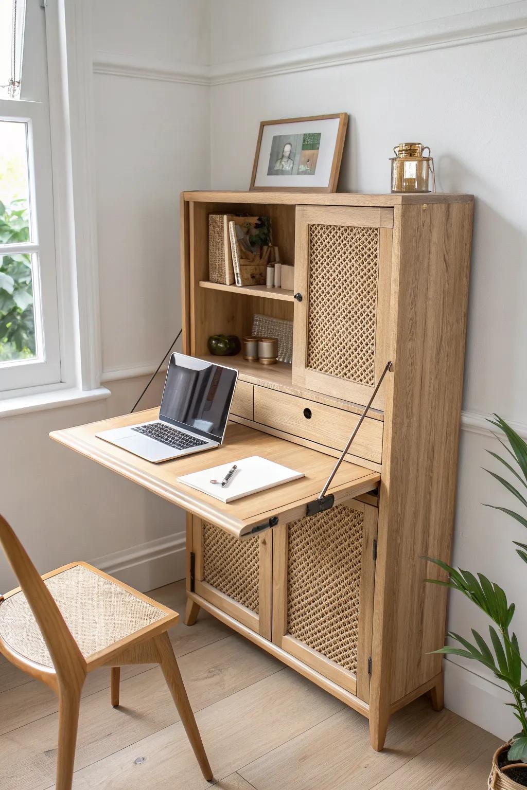 Wall-mounted fold-down desk: full workspace when open, disappears for clutter-free living.