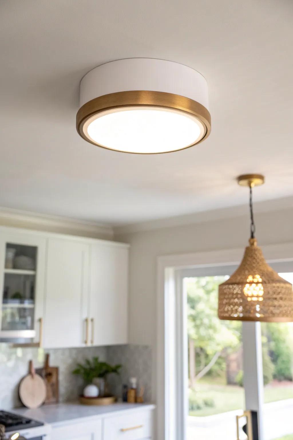 Swap bulky fixtures for a slim flush mount—brighter, higher-looking ceilings in tiny kitchens.