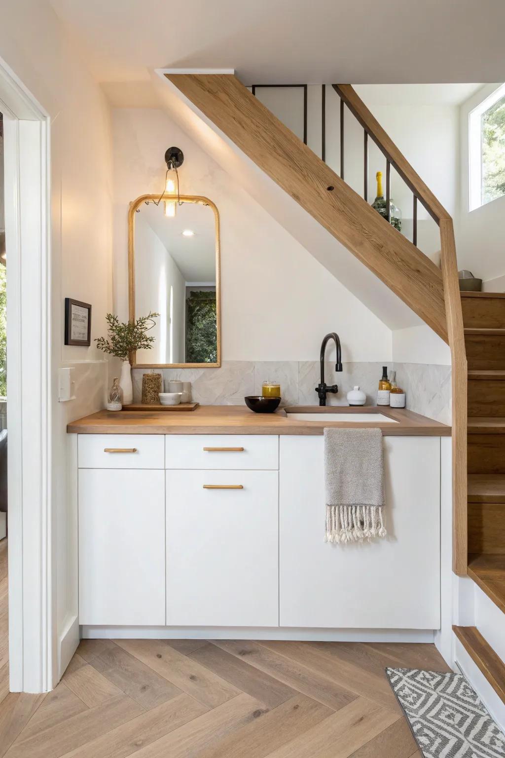 A sleek under-stairs wet bar: slim oak counter, mirrored backsplash, and hidden storage.