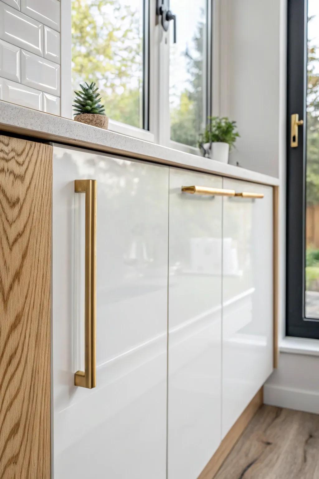 High-gloss modular fronts reflect daylight, brightening even the smallest, darkest kitchen.