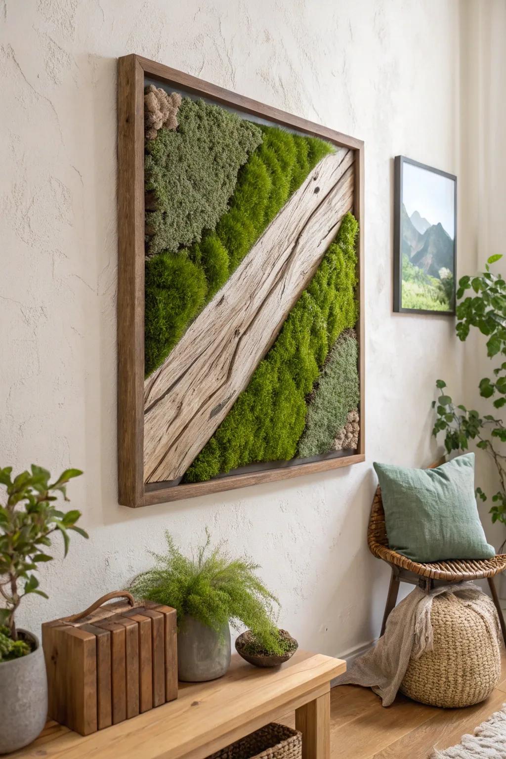 Driftwood ridge moss art: minimalist nature landscape that turns a small wall into a focal point.