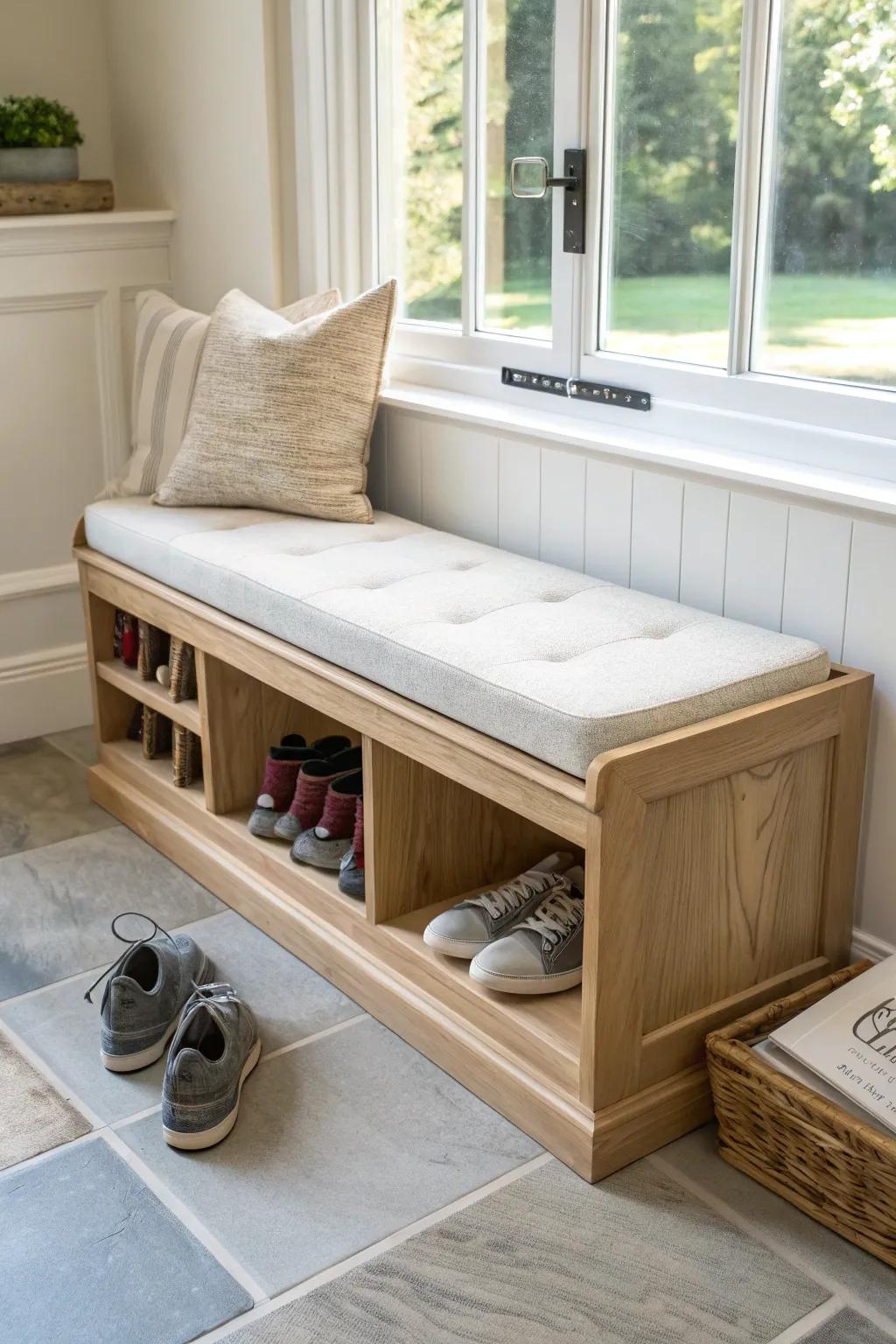 Cozy window seat with lift-up storage—hidden shoe organization for a bright, tiny mudroom.