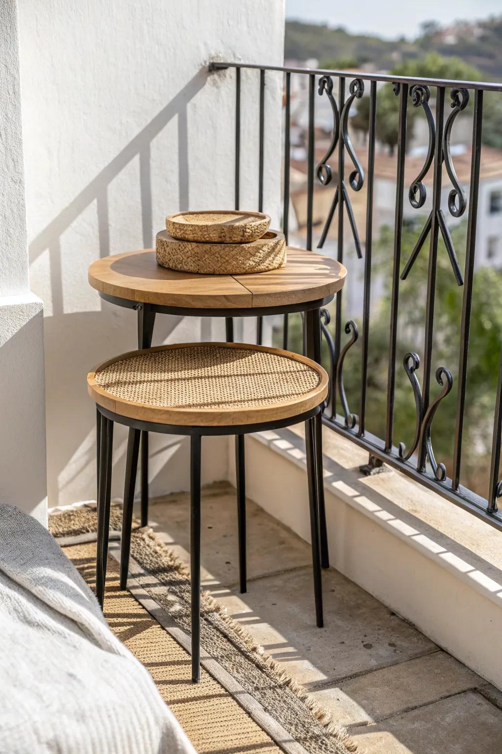 Narrow nesting side tables add extra surface without stealing precious balcony walkway space.