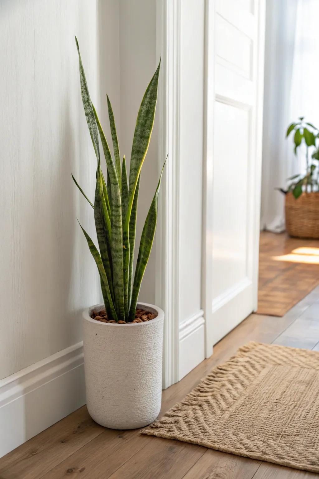 A tall, skinny plant in a slim pot brings vertical life to narrow hallway corners.