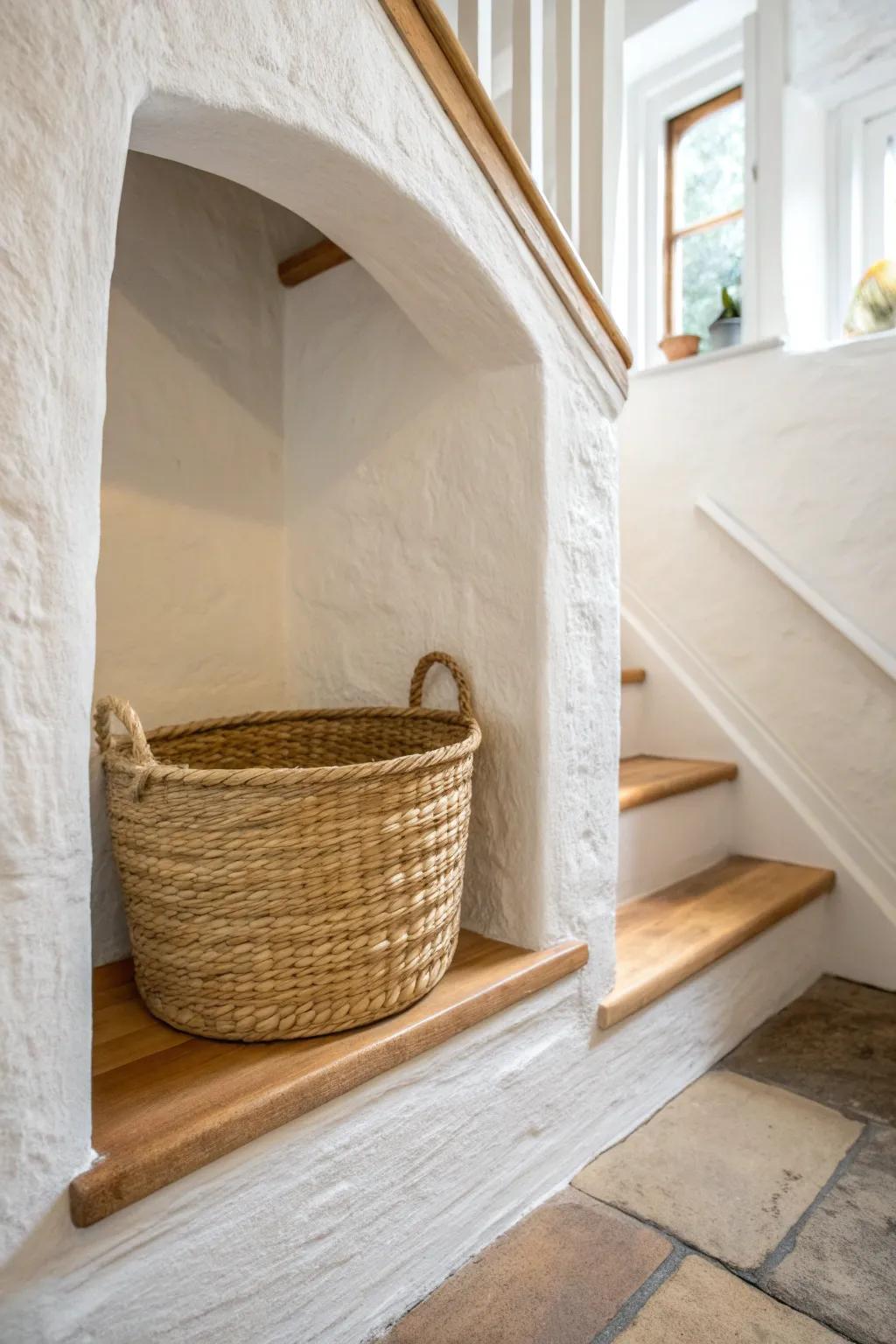 A recessed stair-wall niche with a woven basket—hidden storage with a clean, airy look.