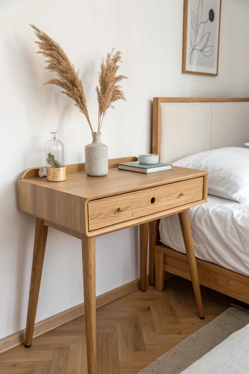 A petite desk beside the bed doubles as a chic nightstand and workspace in a small studio.