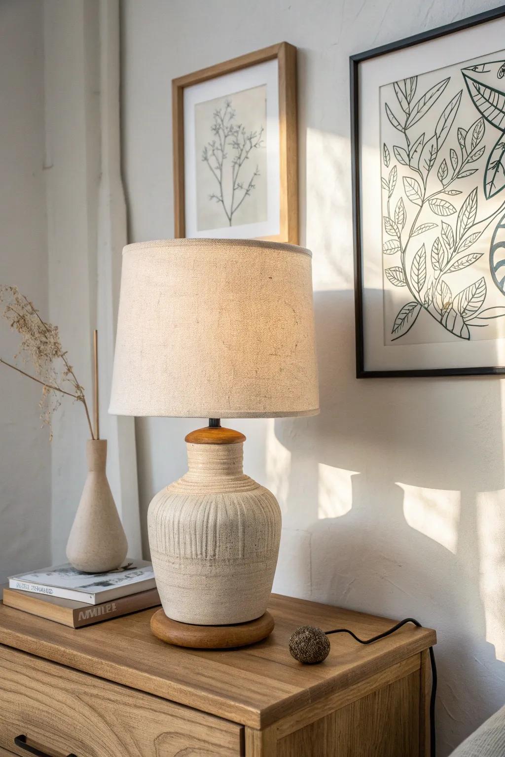 Lean a framed print behind your lamp to add height and style without using surface space.