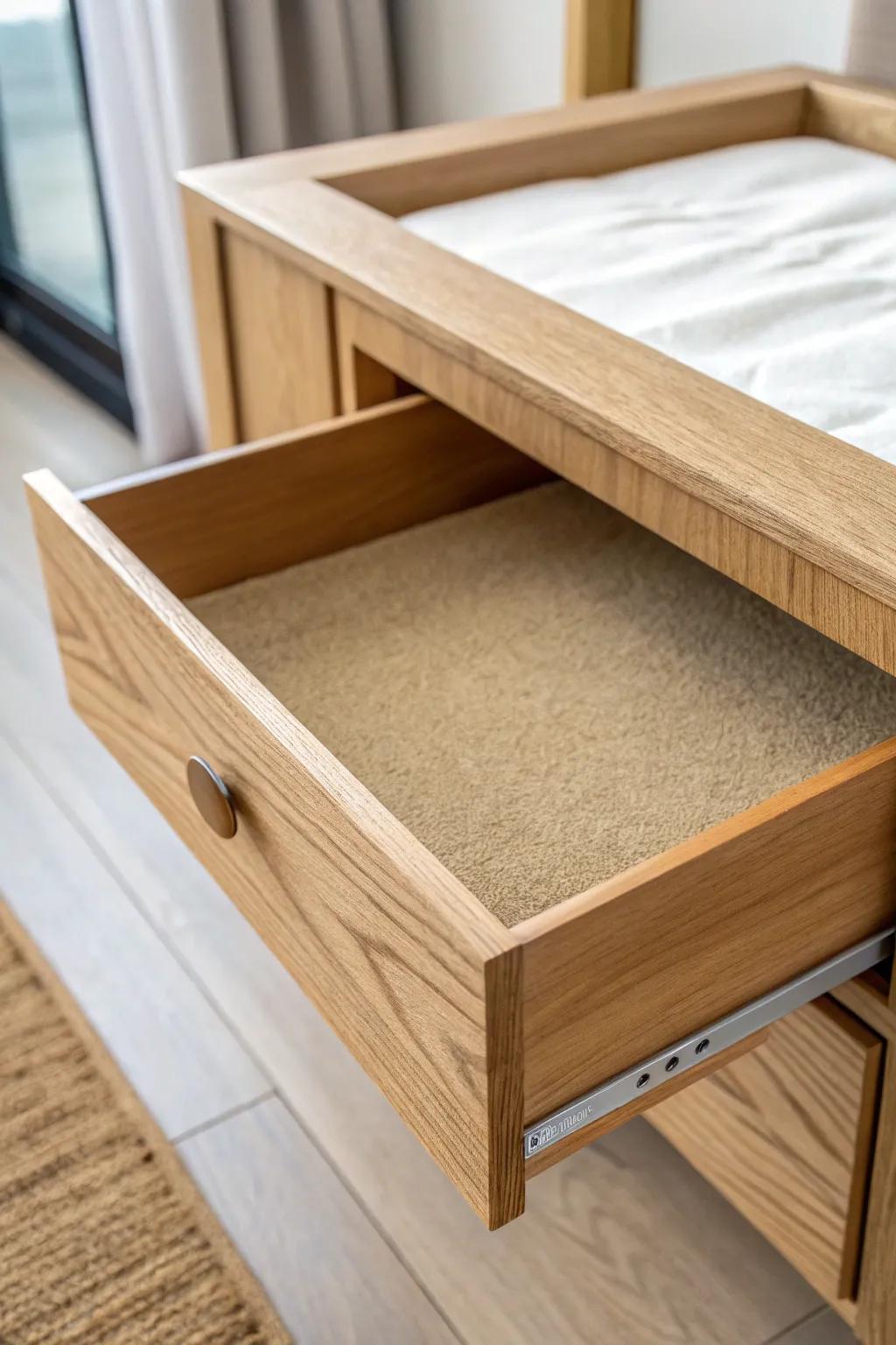 A simple drawer liner keeps nightstand bins from sliding—and makes the drawer feel finished.