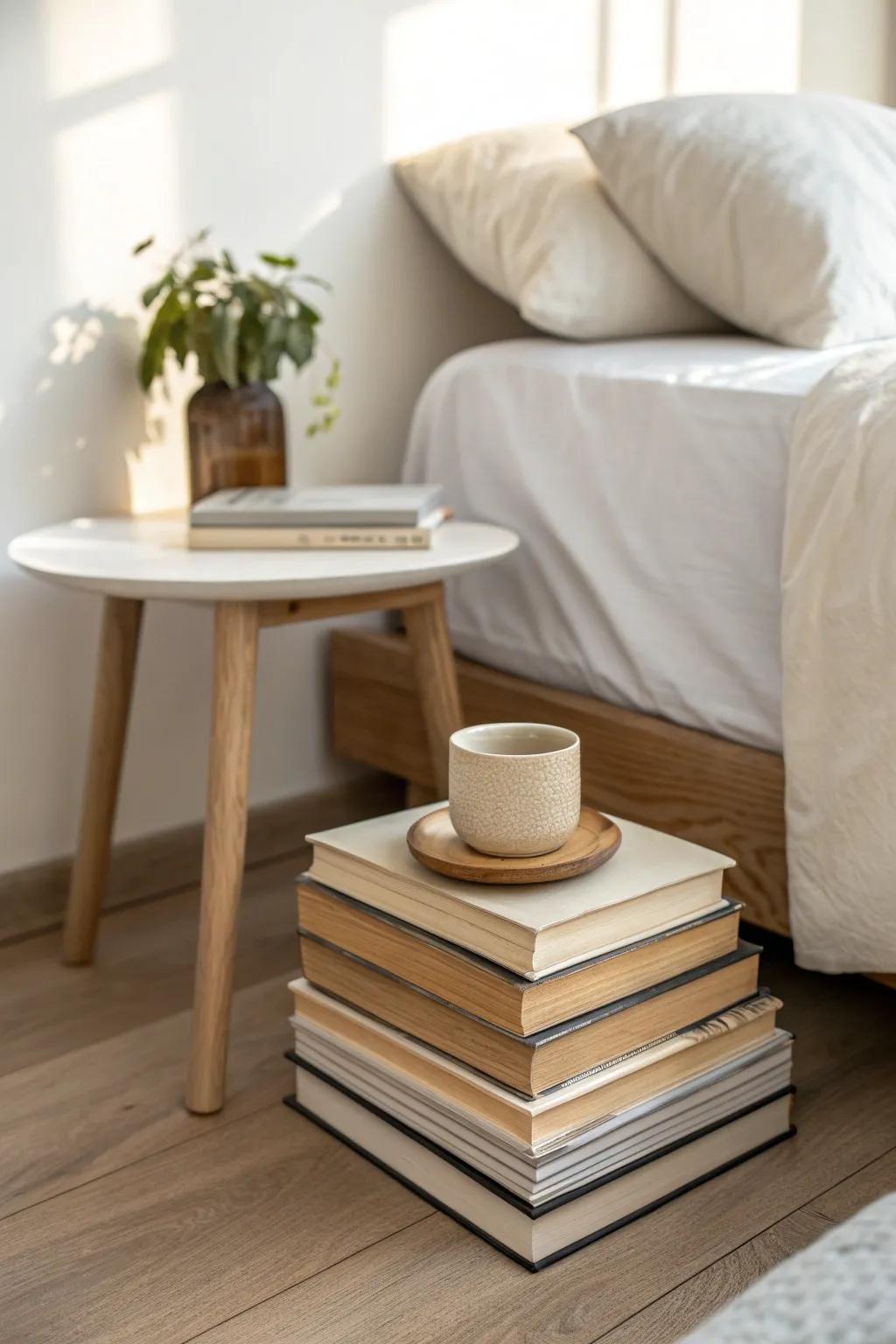 Low book stacks as nightstands keep floor beds proportional and perfectly curated.