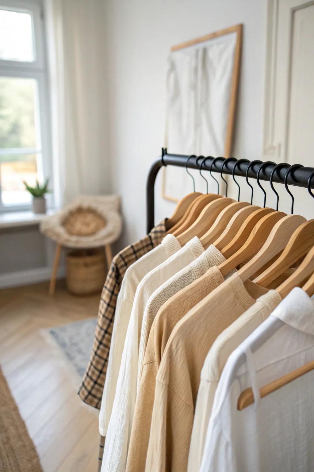 Matching wooden hangers make an open rack feel calm, curated, and clutter-free.