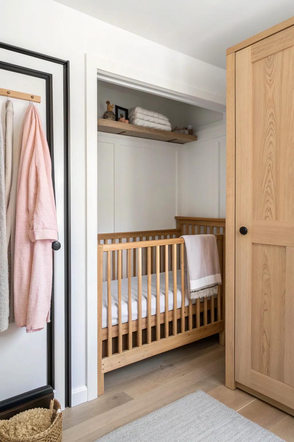 A closet micro-nursery nook: compact crib + airy shelves that free up your bedroom space.