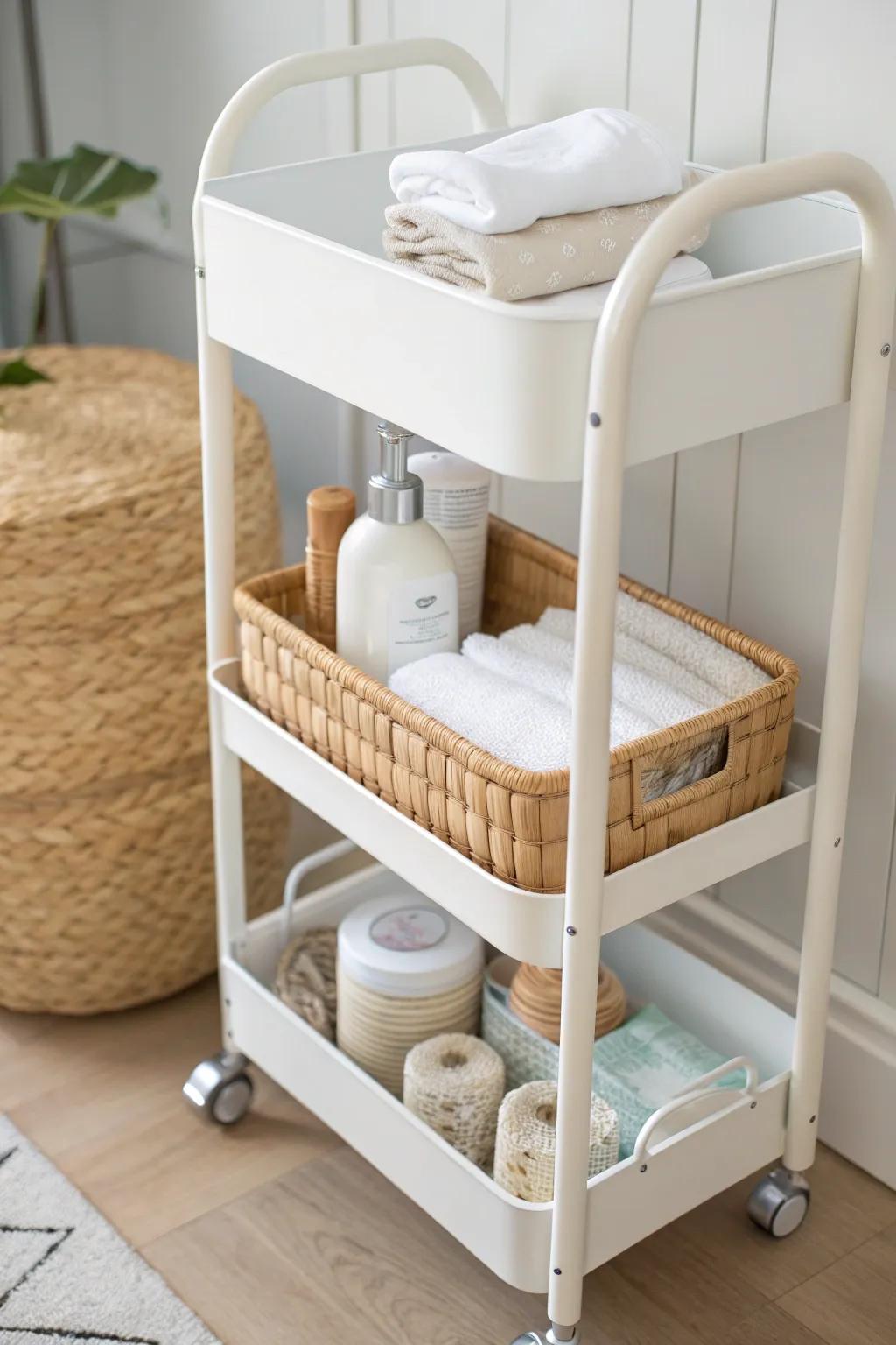 A slim rolling diaper cart keeps essentials handy—top for daily use, bottom for refills.