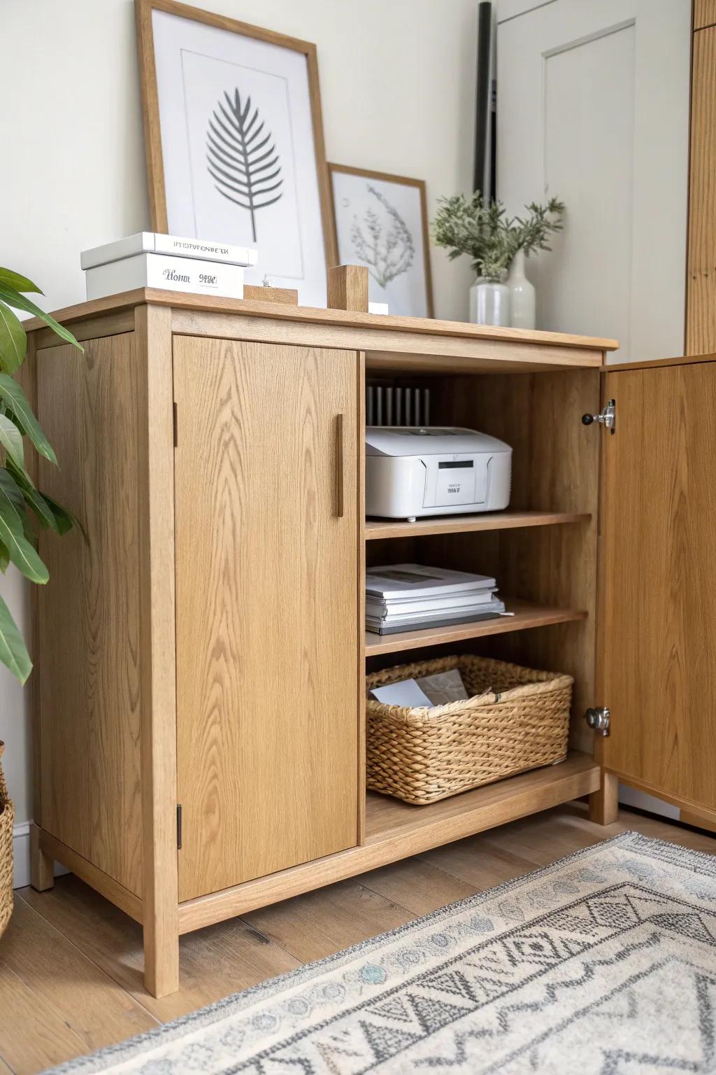 Hidden printer cabinet nook: tidy cords, subtle ventilation, and zero tech clutter in sight.