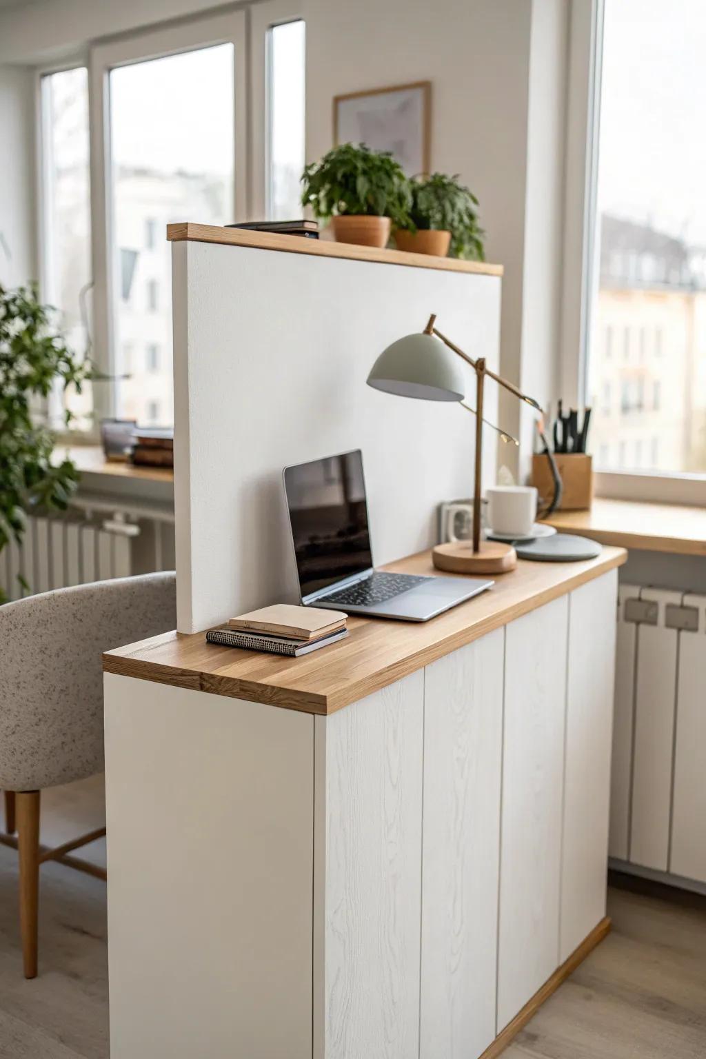 Half-height counter divider: light, airy separation with a slim ledge for one beautiful lamp.