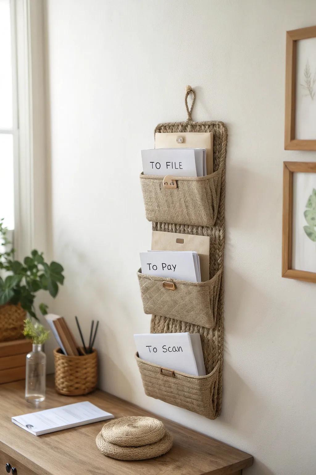 Wall pockets keep “To File”, “To Pay” and “To Scan” organized—without using desk space.