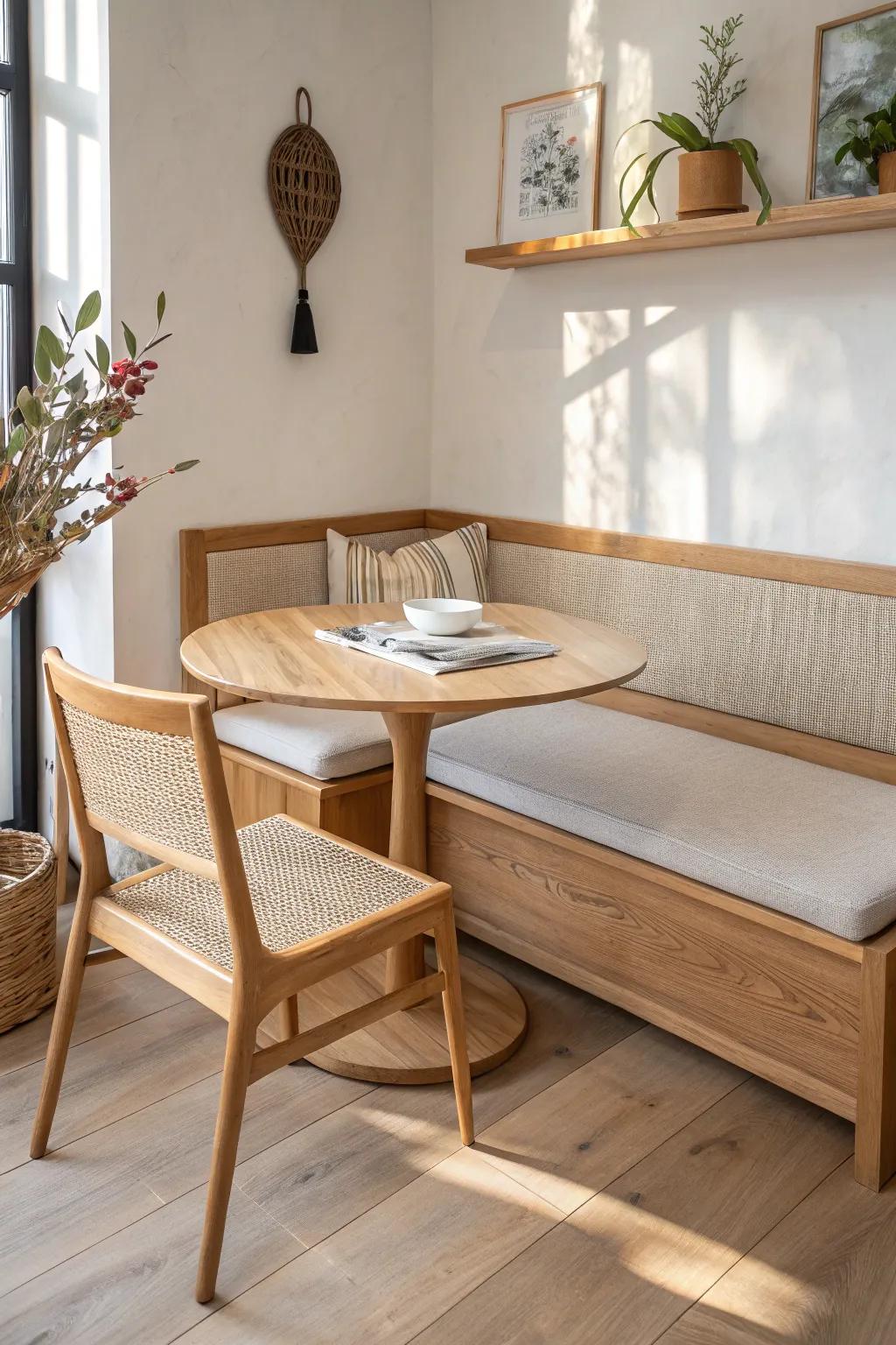 Bench seating makes a mini meeting nook feel real—without the bulk of extra chairs.