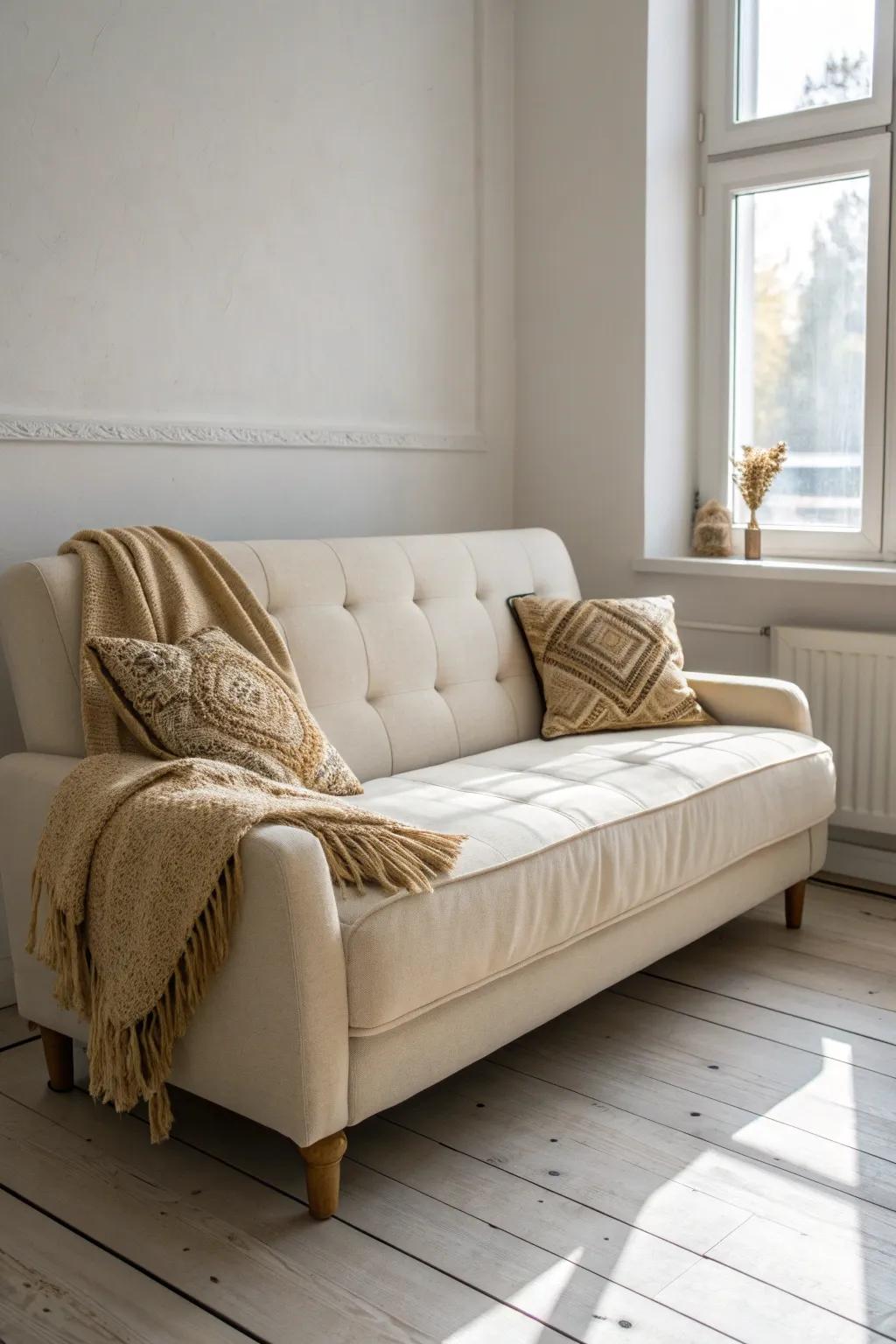A light, neutral sofa bed keeps a tiny office airy—add texture with one pillow and throw.