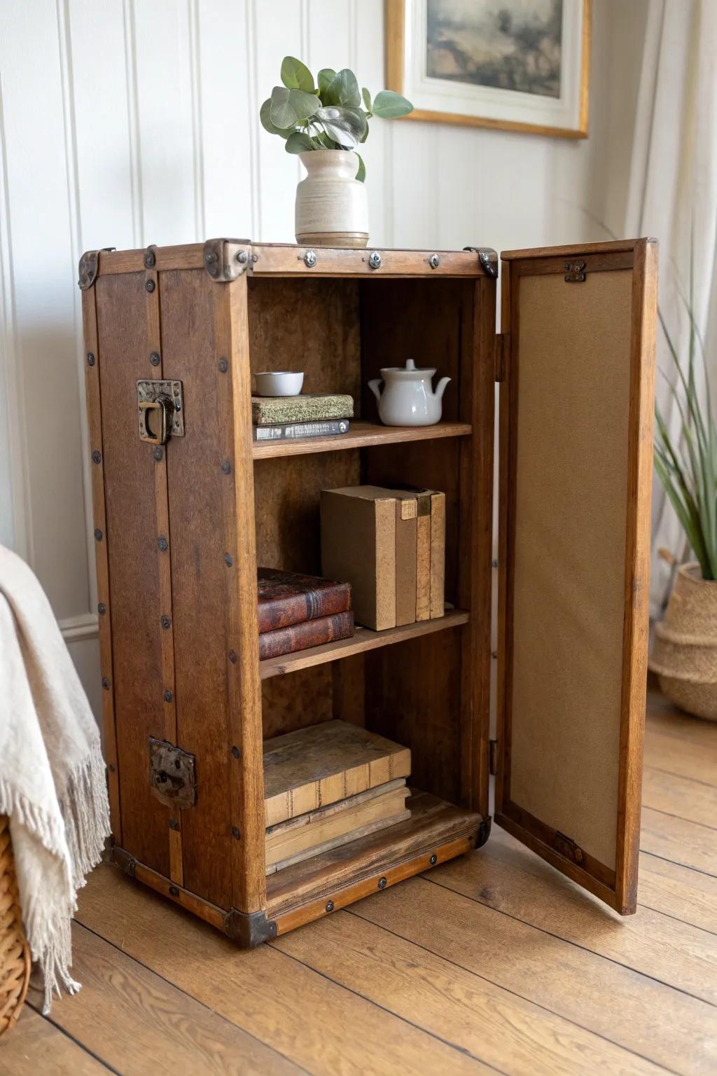 Turn an old trunk sideways into a chic mini bookcase—vintage charm meets small-space function.