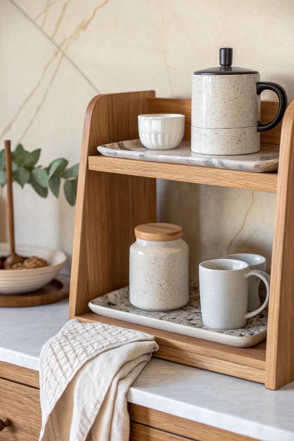 A minimal open pantry coffee station with canisters, mugs, and a tray—small-space calm.