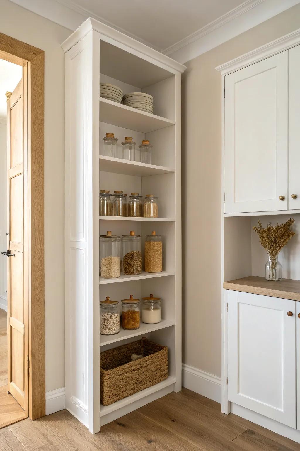 Open pantry shelving that looks built-in—simple side panels make it instantly polished.