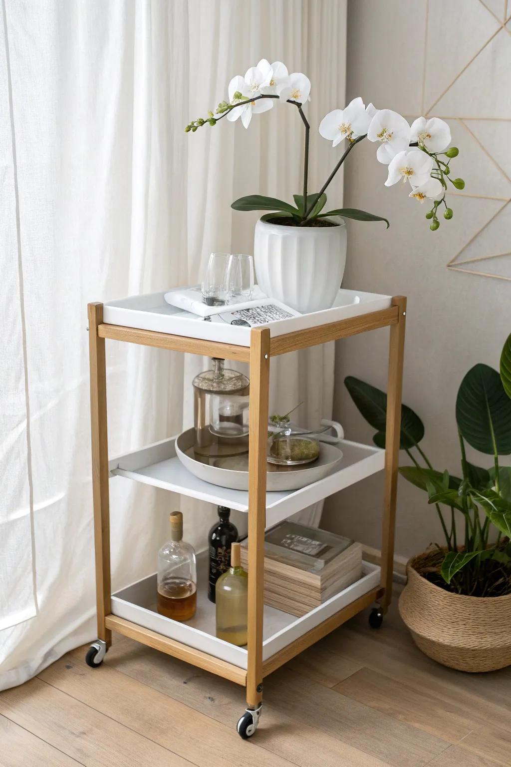 A rollable bar cart orchid station—pretty, practical, and perfect for chasing the best light.