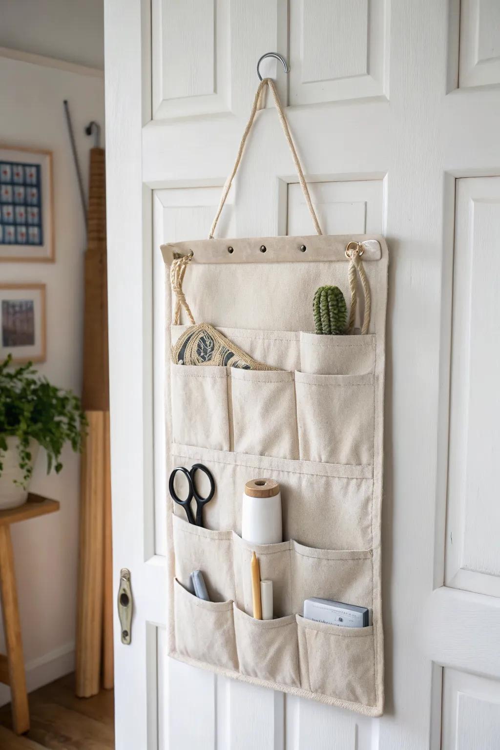 Turn the back of your door into beautiful storage—pockets for tape, tools, and cords.