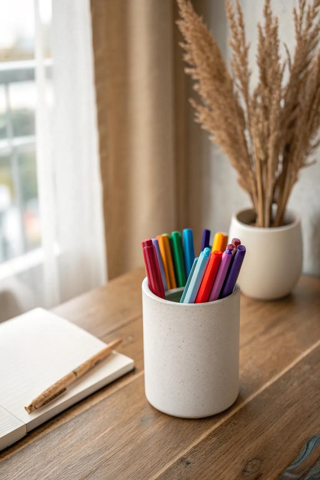 Rainbow-sorted markers in a simple ceramic cup—pretty, practical, and fast to grab.
